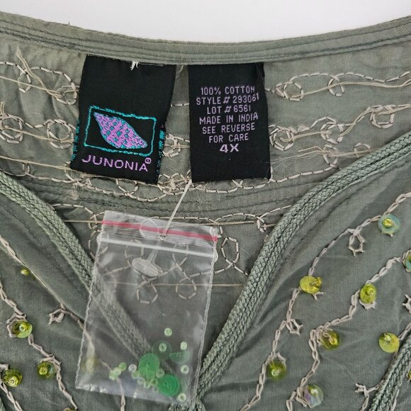 Junonia Tunic Top Size 4X Green Embroidered Cotton Sequins India Lightweight - Picture 11 of 11